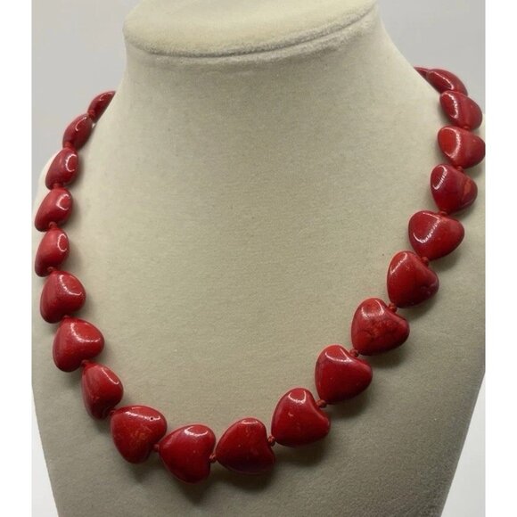 Vintage Red Heart Bead Tourquoise Howlite Beaded Necklace Women’s Sz 18” - Picture 5 of 9